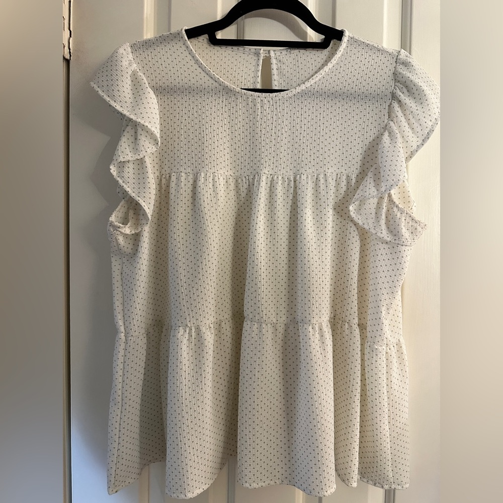Alter’d State - Ivory Tiered Flutter Sleeve Blouse with Sage Green Swiss Dots